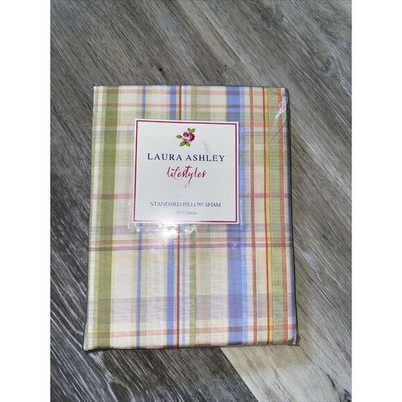new Standard PILLOW SHAM Laura Ashley blue white green PLAID Summer Haven - Picture 1 of 4